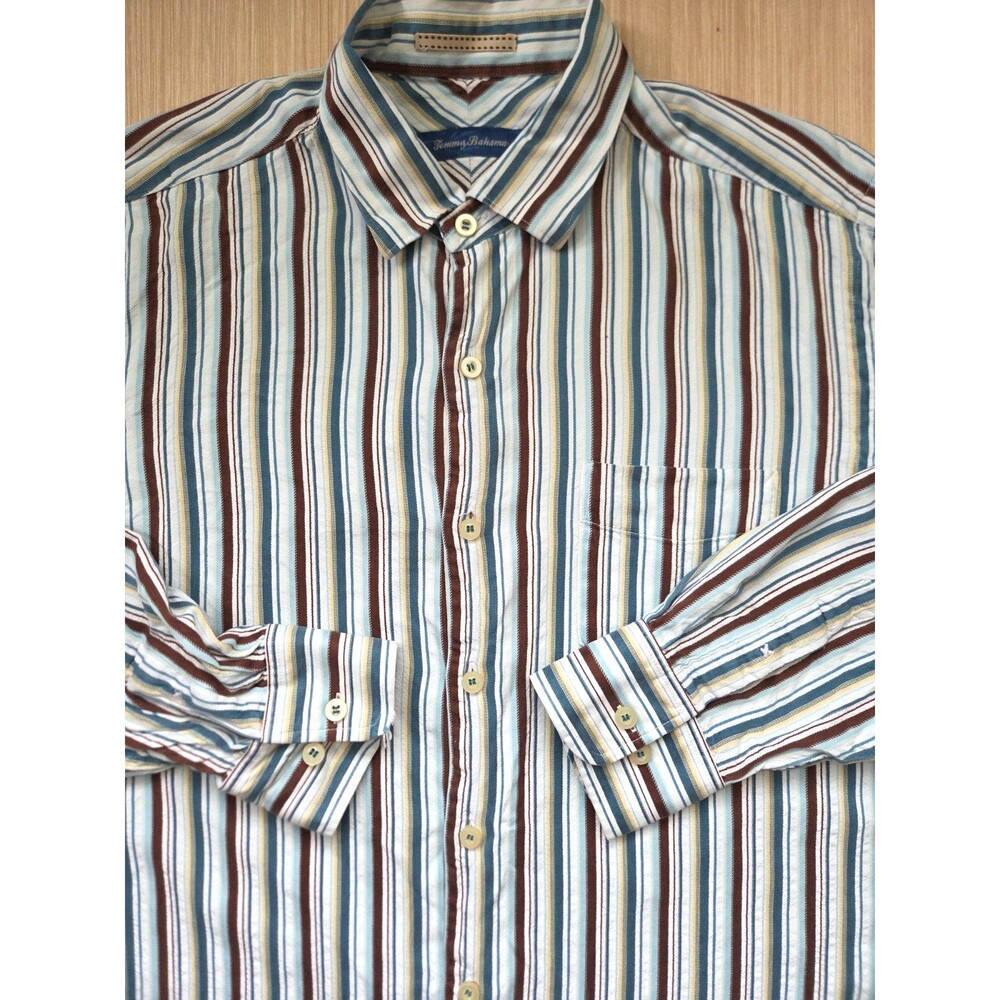 Tommy Bahama Shirt Men's Large Blue Brown Striped 100 Silk Button Up Long Sleeve